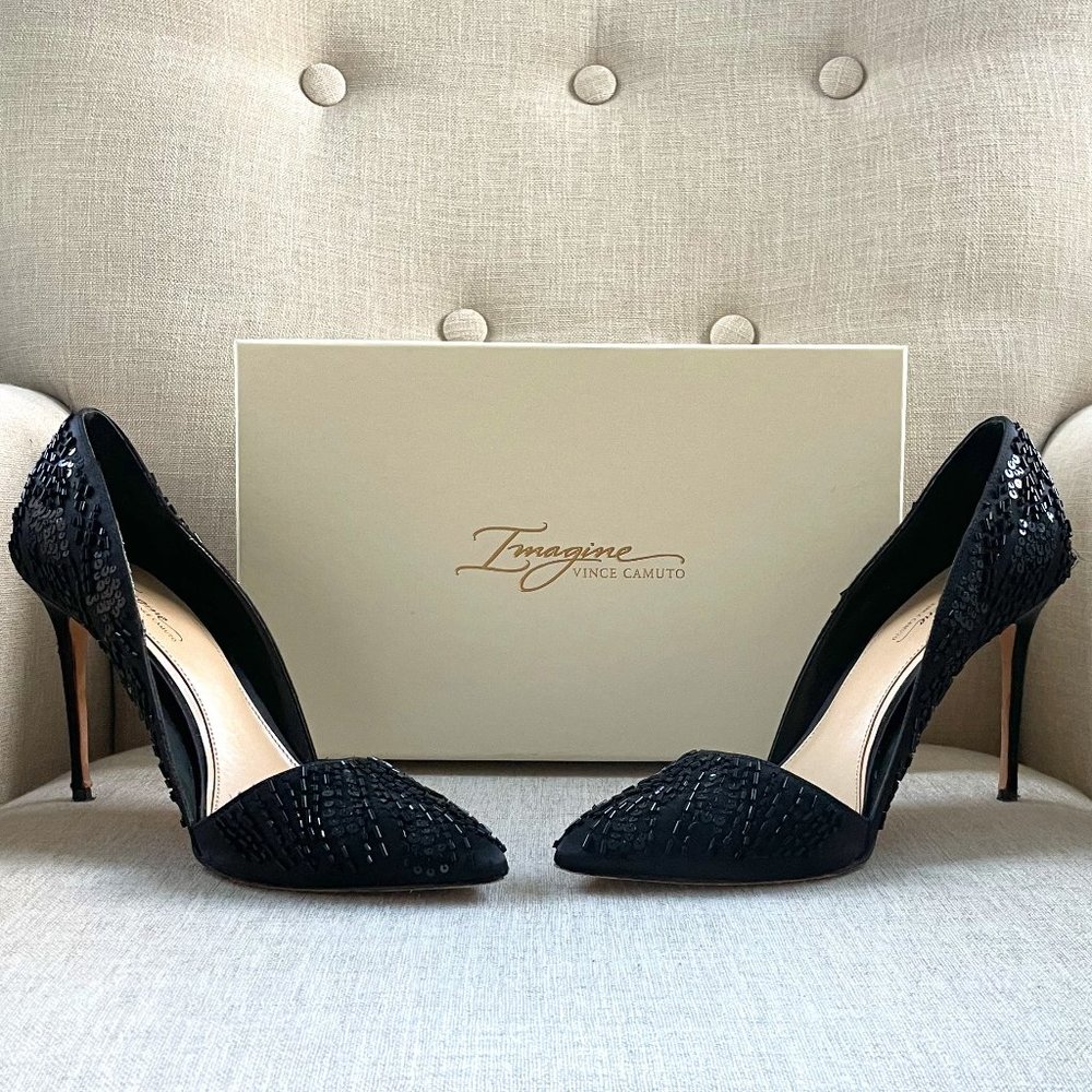 Vince Camuto Black Deluxe Satin Embellished Stiletto